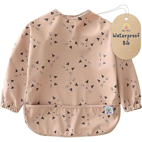 ARI MES Long Sleeves Waterproof Baby Bibs for Eating - Kitty Cats, Small - Wearable, Coverall for Toddler, Long Sleeve Bib, Smock Apron for Feeding - Applicable for 6-72 Months