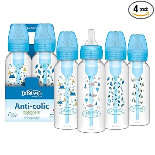 Dr. Brown's Natural Flow Anti-Colic Options+ Narrow Baby Bottle, Blue Nature, 8 oz/250 mL, with Level 1 Slow Flow Nipples, 0m+, 4 Pack