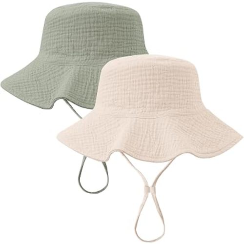 Konssy 2-Pack Muslin Baby Girl Sun Hats with Wide Brim, UPF 50+, 0-6& 6-12M