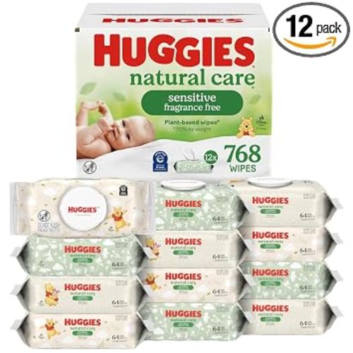 Huggies Natural Care Sensitive Baby Wipes, Unscented, Hypoallergenic, 99% Purified Water, 12 Flip-Top Packs (768 Wipes Total), Packaging May Vary