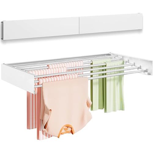 Wall Mounted Clothes Drying Rack 40 inches, Foldable Wall Mount Laundry Rack Folding Indoor, Drying Rack Clothing Collapsible, Hidden Space Saver with Wall Template, 6 Rods, White