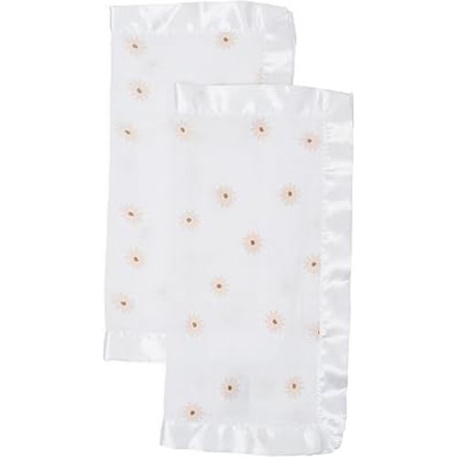 Lulujo Security Lovey Blankets Unisex Softest Breathable Cotton Muslin Security Blanket Set with Silky Satin Trim| Neutral Comforting Blanket for Girls & Boys| 16in x 16in| Daisies