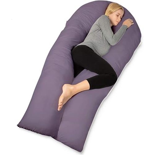 QUEEN ROSE Extra Long U Shaped Body Pillow, 65in Pregnancy Pillows for Sleeping, Full Body Support for Adults and Maternity Women, Cooling Sateen Cover, Purple and White