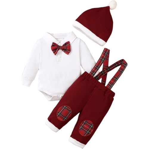 Thorn Tree Baby Boy Clothing Sets Long Sleeve Santa Embroidery Romper with Plaid Overalls and Hat 3Pcs Christmas Outfits