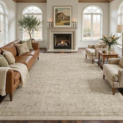 Nakagishi 9x12 Area Rugs Living Room: Washable Large Vintage Rug Neutral Non-Slip Soft Stain Resistant Indoor Carpet for Bedroom Nursery Dining Room Office Playroom - Vintage Brown