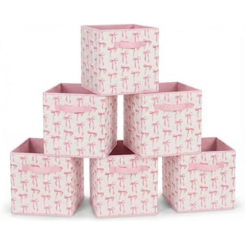 6 Pcs Pink Bow Cube Storage Bins 12.5 Inch Pink Storage Basket with Handle, Preppy Girls Organizer Basket, Collapsible Fabric Box for Classroom Bedrooms Office Home Decoration (Bow)