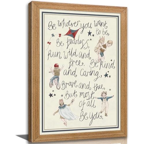 Framed Vintage Nursery Canvas Wall Art Be You Poem Watercolor Wall Decor Growth Enlightenment Nursery Painting Picture Cottagecore Sketched Kids Poem Art Print for kids Room Playroom Home Decor