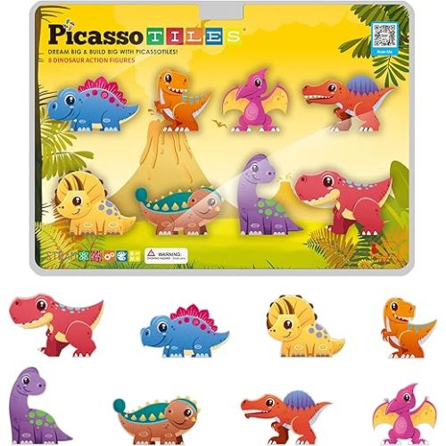 PicassoTiles Dinosaur Toys Magnet Tiles Building Blocks 8 Magnetized Action Figures Compatible Magnetic Construction Build and Play Tile Accessory Toy STEAM Educational Learning Toys Kids Ages 3+