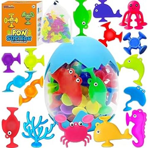 32PCS Suction Cup Bath Toys for Kids Ages 1-3 Ocean Animal Suction Bath Toys with Eggshell Storage No Hole Mold Free Bathtub Toys Party Favor Classroom Prize Water Table Toys 4 5 6 Year Old Boys Girls