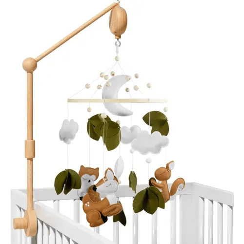 FEISIKE Woodland Animals Theme Bassinet Baby Nursery Mobiles with Modes Digital Music Box 3In1 Set-34 Inch Wooden Mobile Arm for Crib Mobile Hanger for Crib Baby Nursery Decor