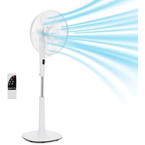 Amazon Basics 16" DC Motor Standing Floor Fan, 12 Speed with Remote, 3 Breeze Modes, Dual-Layered Blades (10 Blades), Timer, Energy Efficiency and Quiet DC Motor (28W), White