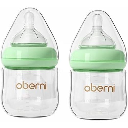 Glass Baby Bottles,Anti Colic Breastfeeding Bottle with Natural Response Nipple Size S,Wide Neck Slow Flow Baby Bottle for Baby,Newborn,Preemie 0-3 0-6 Month,BPA Free (Green, 2 Pack, 4 Ounce)