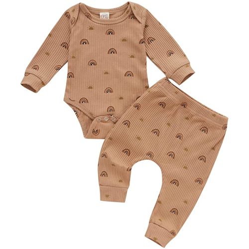 Baby Boy Girl Clothes Newborn Rainbow Ribbed Knit Outfit Unisex Solid Long Sleeve Romper Pant Set - C- 01 Khaki - 0-3Months