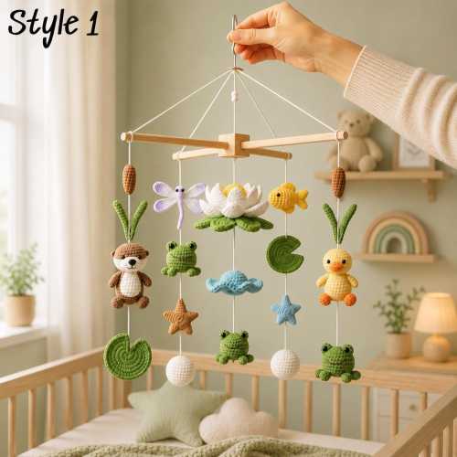 Handmade Crochet Pond Baby Mobile, Frog, Duck & Lotus Crib Decor, Nature Nursery, Baby Shower Gift