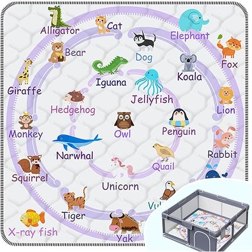 Baby Play Mat，Thick Soft 50" X 50" Playpen mat, Non-Slip and Machine Washable Baby Play Mats for Floor，Crawling Mat for Babies, Toddlers & Infants to Play and Learn (Purple Animal, 50" X 50")