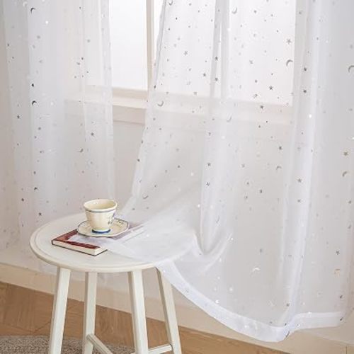 Metallic Pearl White Sheer Curtains 84 Inches Long for Living Room, Butterfly Garden Light Filtering Voile Window Curtains for Bedroom, Neutral Modern Farmhouse Curtains with Tiebacks, Set of 2