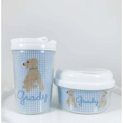 Sippy, Tumbler, or Snack Container with Blue Gingham Fabric Insert - Personalized with Name - Puppy Dog Embroidery