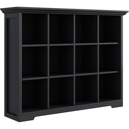 Cube Storage Bookcase with Base - Wooden 3 Tiers Floor Standing Open Shelf Cabinet for Home and Office, 12-Cube Lattice Bookshelf, Black
