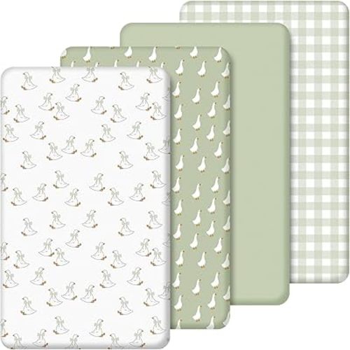 4 Pack Silly Goose Crib Fitted Sheet for Boys Girls - 52 x 28 Fitted Baby Sheet with Goose and Gingham Style for Standard Mattress Gift Set, Microfiber & Soft Breathable (Green)