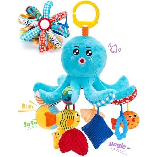 hahaland Baby Toys 0-6 Months Car Seat Toy Octopus Plush with Pulling Cords