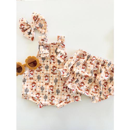Cowboy Duck GinghamOrganic Knit Baby Bummies, Ruffle Shorties, SlimFit Overalls Bany a girl Set