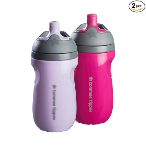 Tommee Tippee Insulated 9oz Sporty Spout Toddler Water Bottle, No Spill, Sippy Cups for Toddlers 1-3, Two-Piece Valve Helps Stop Spills, Lilac & Plum, BPA Free, Pack of 2