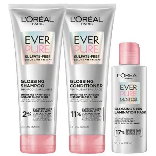 L'Oreal Paris EverPure Sulfate Free Glossing Conditioner with Glycolic Acid 6.8 fl oz + 6.8 fl oz Shampoo + 5.1 fl oz Lamination Mask