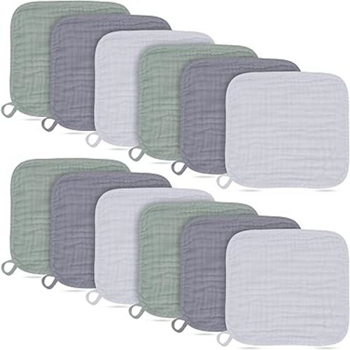Baby Washcloths -100% Cotton Muslin Soft Baby Bath Wash Cloths and Absorbent Baby Wipes for Newborns Kids Girls and Boys - 12 Pack, 12x12 Inches - Grey, Green, Slate