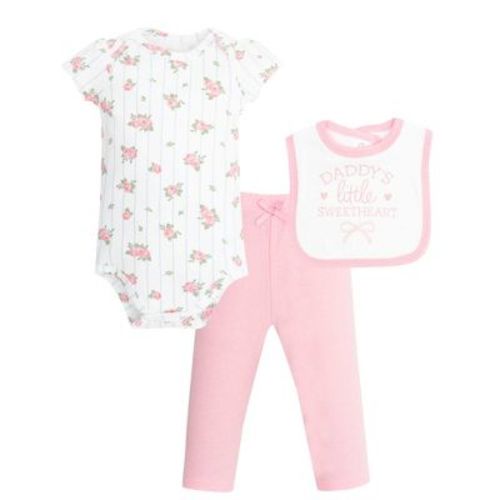 Hudson Baby Infant Girls Cotton Bodysuit, Pant and Bib Set, Daddys Sweetheart Floral, 3-6 Months