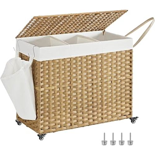 SONGMICS Laundry Hamper with Lid, 42.3 Gallons (160 L), Rolling Laundry Basket with Wheels, 3-Section Synthetic Rattan, Removable Liner, Bedroom, 29.9 x 13 x 26 Inches, Natural ULCB365N01