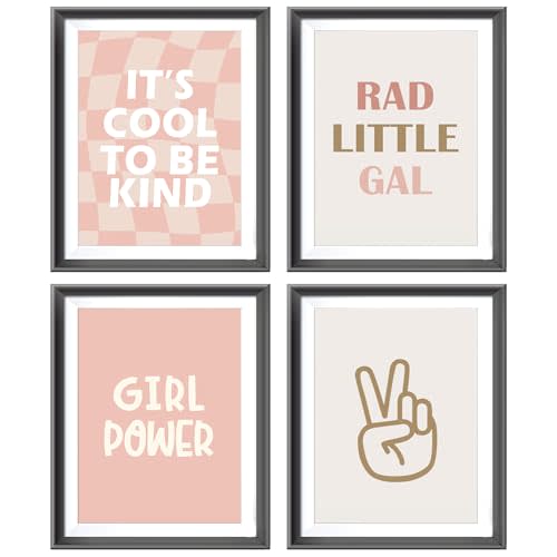 AEHIE Rad Little Gal Retro Pink Beige Preppy Checkered Peace Sign Girl Power Poster Prints for Girl Teen Room Dorm Decor,Preppy Decorations Prints Wall Art Unframed 4pcs 12x16inches,Teen Girls Gifts