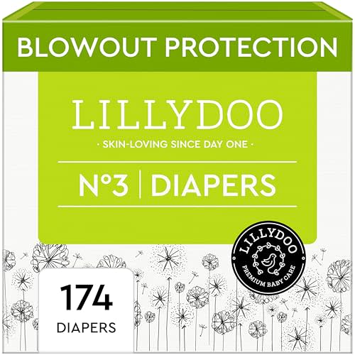 LILLYDOO Baby Diapers - Size 3 (13-22 lbs), Monthly Supply (174 Count), Leak Protection, Skin-Friendly, Ultrasoft, Perfume- & Chlorine-Free, Hypoallergenic, Dermatologist Tested, Oeko-TEX®