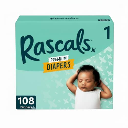 Rascals Premium Absorbent Baby Diapers Size 1, 108 Count, with 5 Sensitive Infant Wipes