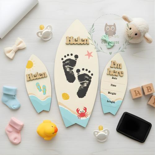 Surfboard Baby Stats Sign, Footprint Art, Beach Nursery Decor