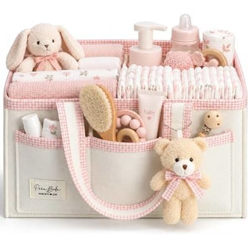 PeraBella Baby Diaper Caddy Organizer, Baby Basket Shower Gift Caddy, Portable Felt Changing Table Basket, Nursery Storage Bin, Newborn Boy and Girl Essentials for Registry, Car Diaper Organizer