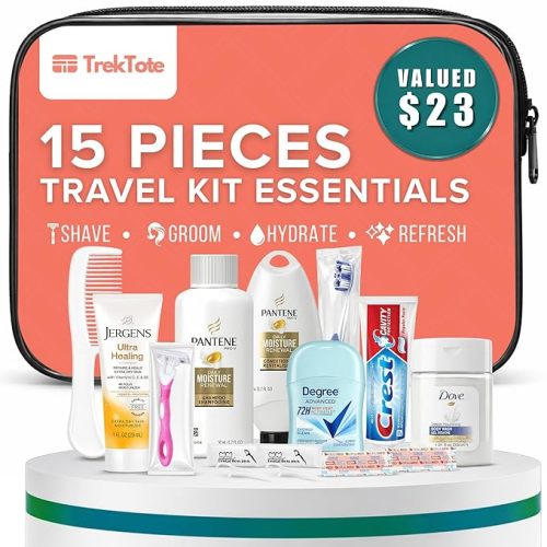 TrekTote 15 Piece Set Women’s Travel & Hygiene Kit with Clear Toiletry Bag, Personal Care Essentials, Single Kit or Bulk Case Packs