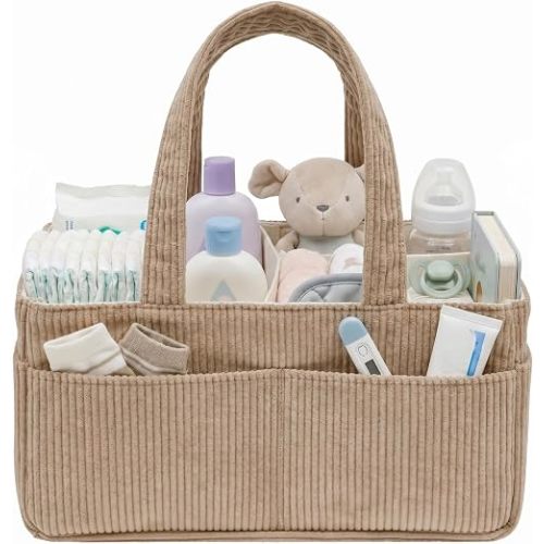 Baby Diaper Caddy Organizer, Portable Corduroy Diaper Storage Basket with Handle, Nappy Caddy Storage Basket for Newborn Essentials and Diaper Station, Baby Shower Gifts for Boy or Girl