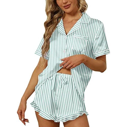 SAPJON Satin Silk Pajamas for Women 2Pcs Ruffle Notch Collar Sleepwear Button Down Short Sleeve Shorts Pjs Set Loungewear