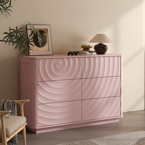 GDFStudio Neravian Wood Six Drawer Dresser with 3D Spiral Grain Design and Modern Storage