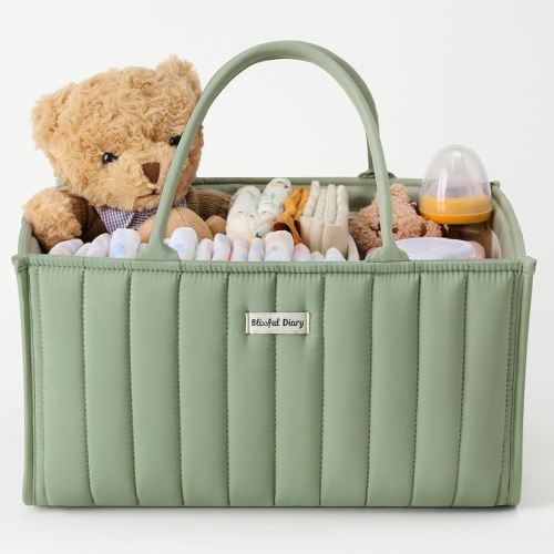 Blissful Diary Baby Nappy Caddy Organiser, Stylish Baby Diaper Caddy Storage Basket for Newborn Essentials and Diaper Station, Sage Green