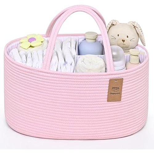 Baby Diaper Caddy Organizer, Cotton Rope Diaper Basket, Baby Basket for Changing Table, Nursery, Car, Changing Table Storage Bin With Removable Divider, Baby Shower Gifts for Newborn, Baby Essentials