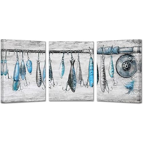 KREATIVE ARTS 3-Piece Vintage Fishing Rod Canvas Wall Art Set, Blue and Grey Nautical Decor, Rustic Fish and Hook Painting for Cabin, Coastal Freshwater Artwork, 12x16'' Each, Ready to Hang