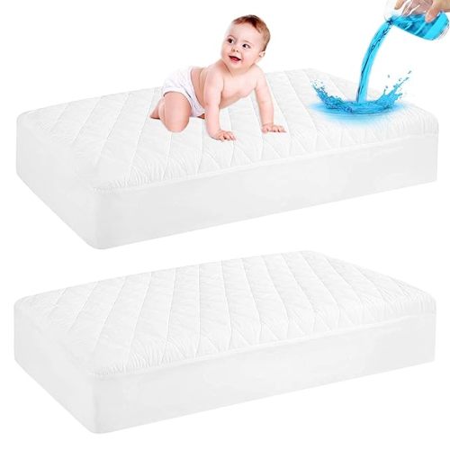 2 Pack Waterproof Crib Mattress Protector, Quilted Baby Mattress Cover Fitted Deep Pocket from 4" up to 9", Extra Soft Breathable & Noiseless Toddler Mattress Pad 52"x28", White