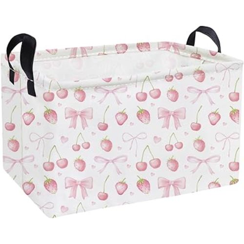 Essme Rectangular Kids Baskets,Girls Storage Basket Pink Bins with Handles for Strawberry Room Decor, Cherry Storage Bin（Strawberry）