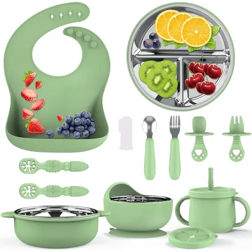 13 Pack Silicone Baby Feeding Set, BPA-Free Toddler Feeding Supplies, Include Suction Plates, Baby Bowls, Silicone Fork & Spoon, and More, First Stage Baby Dish Set - 6+ Months