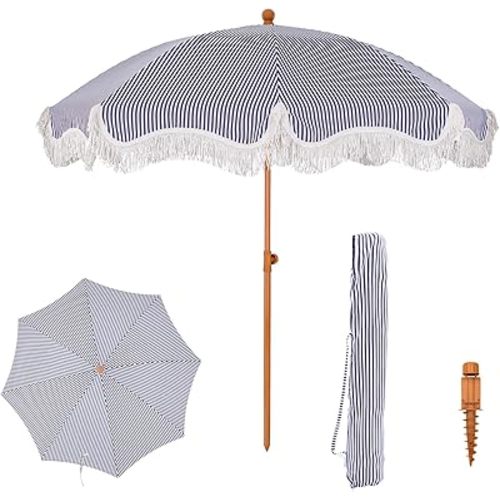 PHI VILLA 7ft Beach Umbrella with Fringe & Sand Anchor, Outdoor Patio Heavy Duty Windproof Portable Tassel Umbrellas for Sand with Push Button Tilt & Carrying Bag, UPF 50+, Stripe Blue & White
