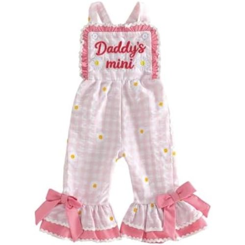 Toddler Girls Father's Day Outfits Letter Embroidery Sleeveless Plaid Overall Bell Bottoms Romper Jumpsuit