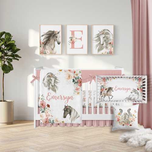 Horse Crib Bedding, Crib Bedding Set Girl, Horse Nursery, Pink Floral Crib Bedding, Western Girl Nursery Bedding Horse Baby Bedding Farm 355