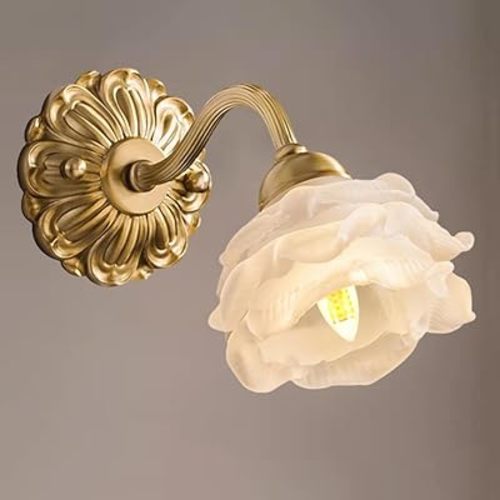 SWEMOPP Gold Glass Flower Wall Sconce Gooseneck Vintage Brass Mid Century Wall Light Frosted Rose Floral Antique Wall Lamp for Girls Bedroom Kids Beside Living Room Farmhouse Dining Room Hallway