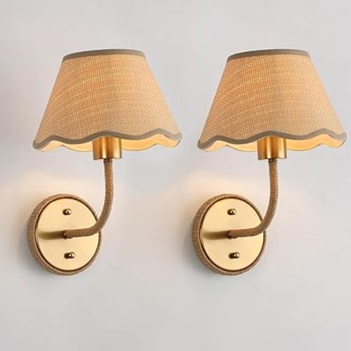Boho Hand Woven Rattan Wall Sconces Set of Two Gold Rustic Wall Lamp Hardwire Brass Farmhouse Wall Mount Lights for Bedroom Living Room Hallway Vanity